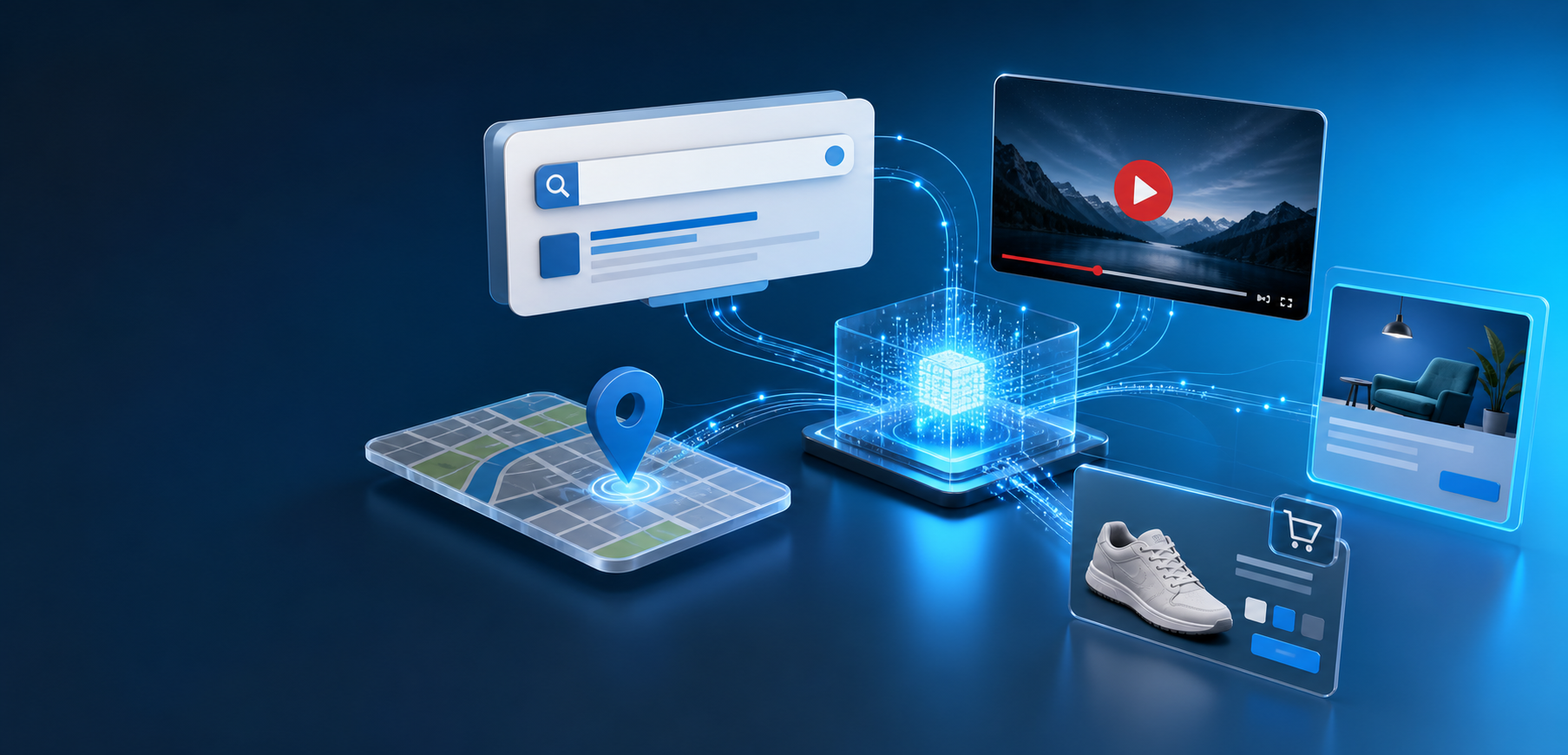 Representación visual del ecosistema de Google Ads: búsqueda, video, display, comercio, ubicación e inteligencia artificial