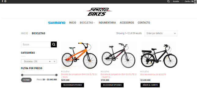 Catálogo de bicicletas de Zona GW